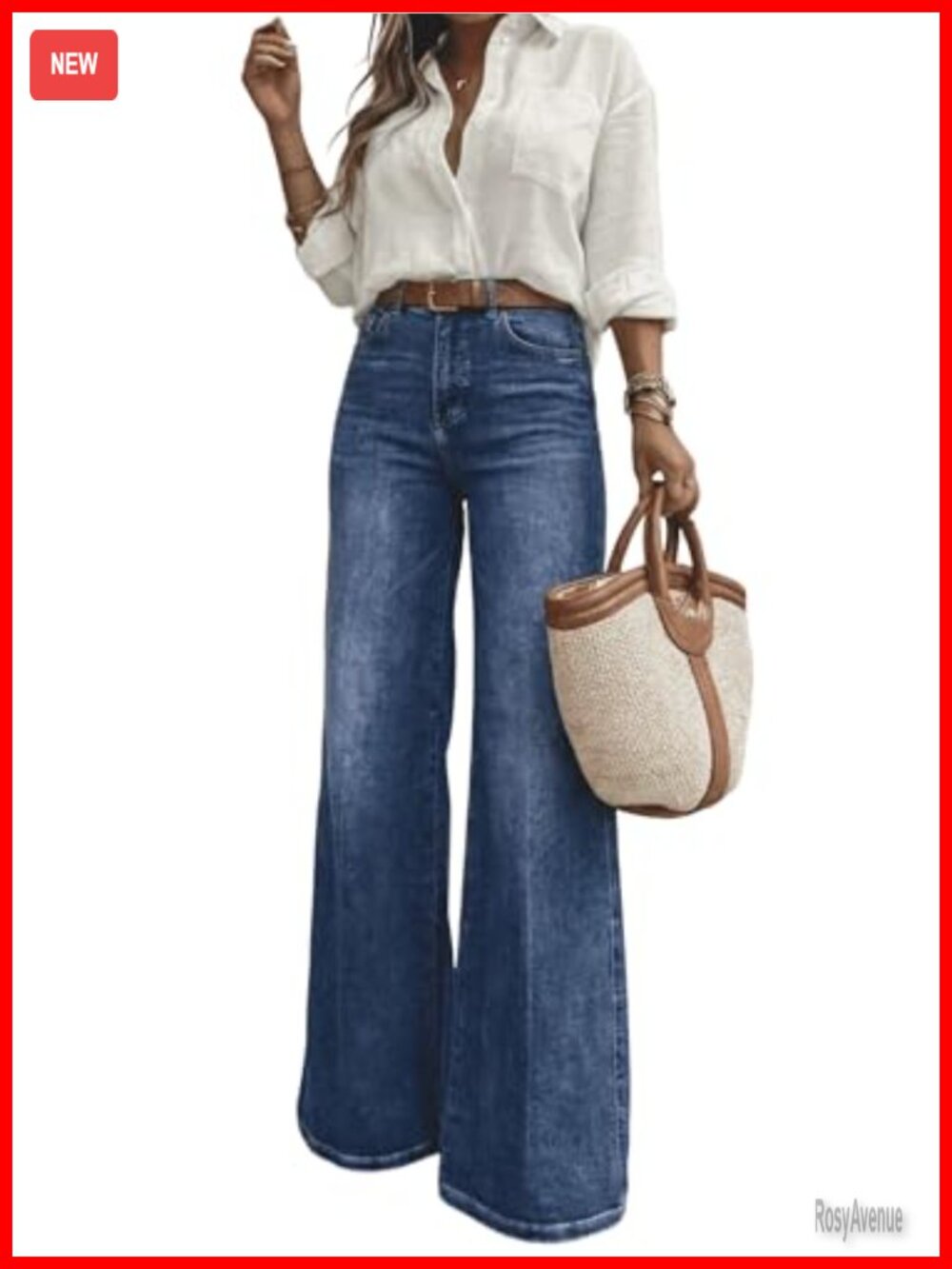 High Waisted Wide Leg Jeans Women 5-Pocket Dark Wash Long Denim Pants
